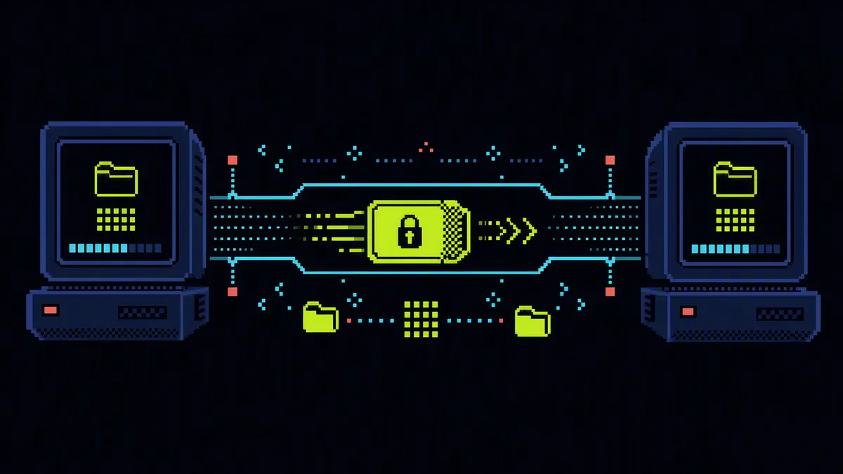 Pixel-art file packet travelling securely between two computers